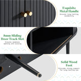 AMERLIFE 55" TV Stand with Solid Wood Legs, Mid Century Modern TV Console with Tambour Door for 80-inch TV, Dust-Proof Storage Cabinet for Living Room, Embossed Black AMERLIFE