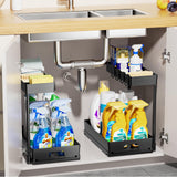 Delamu 2 Pack Under Sink Organizers and Storage, 2 Tier Pull Out Bathroom Cabinet Organizer, L-Shape Black Under Bathroom Kitchen Sink Organizer with Drawer for Under Sink Storage Organizer Delamu