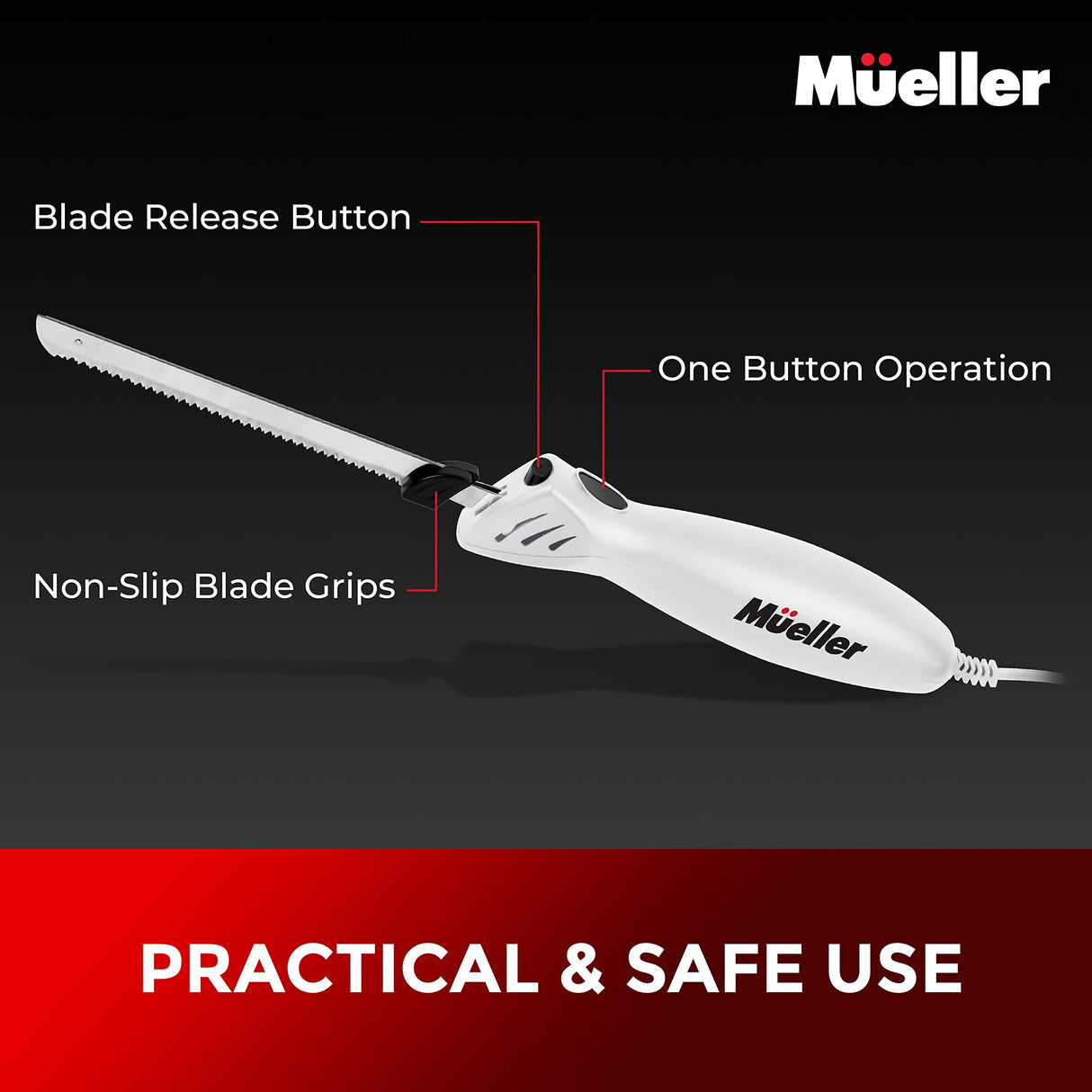 Mueller Ultra-Carver Electric Knife for Carving Meats, Poultry, Bread, Crafting Foam. Stainless Steel Blades, Powerful Motor, Ergonomic Handle, One-Touch On/Off Button, Serving Fork Included, White Mueller