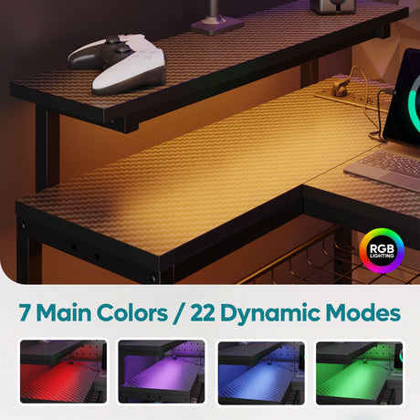 Bestier 58 L Shaped Gaming Desk with LED Lights & Power Outlets,Reversible Home Office Corner Desk with Shelves,Larger PC Workstation with Hooks for Studying,Desk for Bedroom,Carbon Fiber Black Bestier