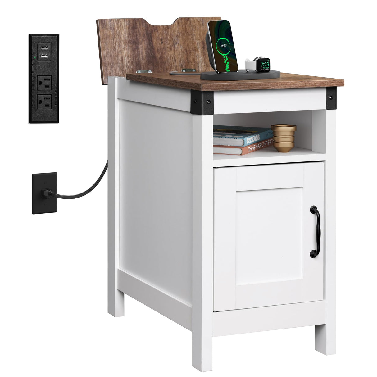WLIVE White Farmhouse End Table for Living Room, Narrow Side Table with Charging Station, Night Stand with Storage, Small Wooden Cabinet with USB Ports and Outlets for Bedroom, White WLIVE