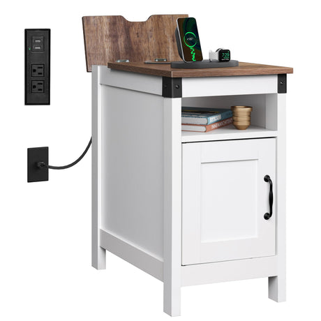 WLIVE White Farmhouse End Table for Living Room, Narrow Side Table with Charging Station, Night Stand with Storage, Small Wooden Cabinet with USB Ports and Outlets for Bedroom, White WLIVE