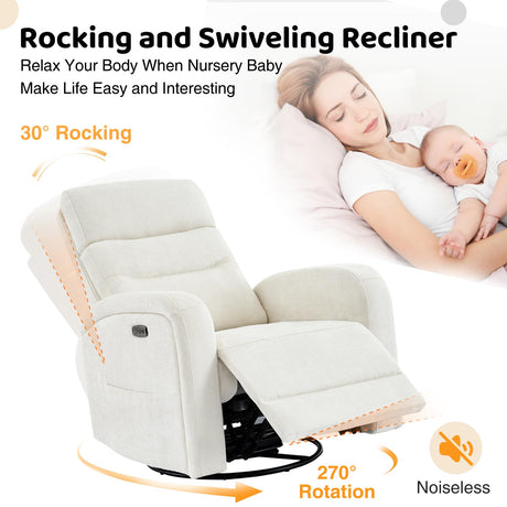 Glider Recliner Nursery Chair, Power Swivel Rocker Recliner with Adjustable Backrest Support, Swivel Rocking Nursery Recliner Chairs with USB and Type-C Ports for Living Room, Chenille Cream White AEMEIOS