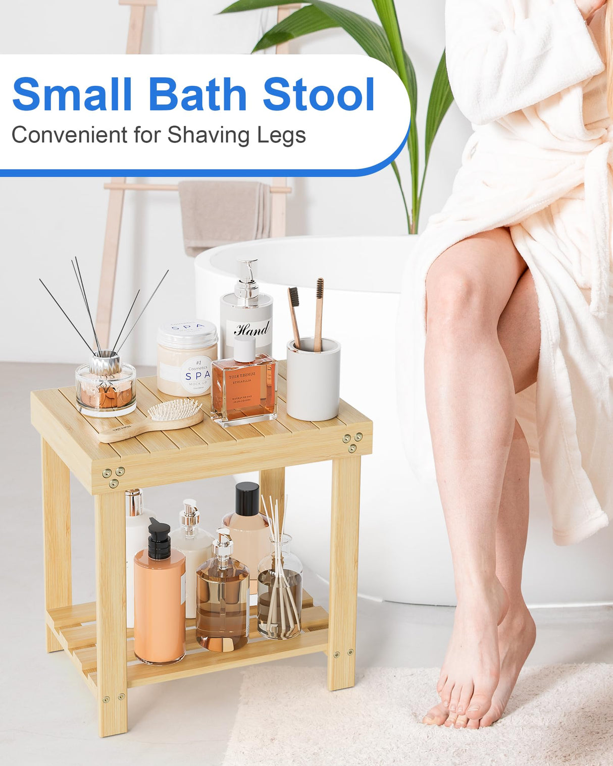 Bamneat Small Bamboo Bathroom Shower Bench with Storage Shelf, Durable Shower Stool for Shaving Legs, Indoor and Outdoor Use, Natural Bamneat