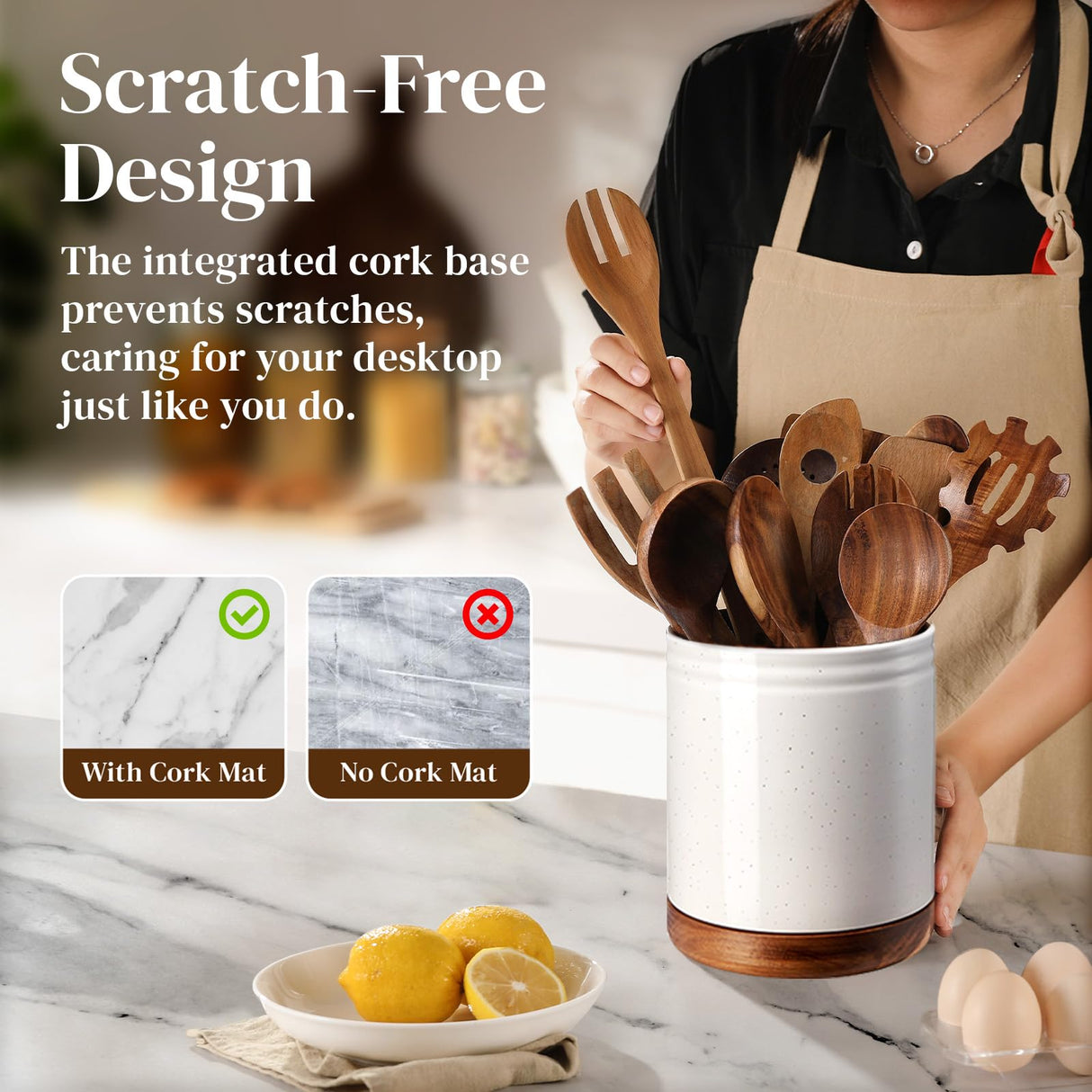 DOWAN 7.6" 360° Rotating Utensil Holder, Cooking Utensil Holder, Kitchen Utensil Holder for Countertop, Ceramic Utensil Crock, Large Utensil Holder for Kitchen Counter, Protection Cork Bottom, White DOWAN