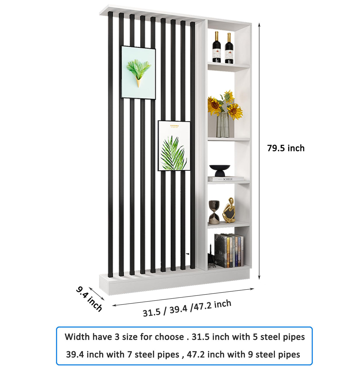 Wall Room Divider with Storage Shelves, Modern Freestanding Room Divider Screen, Open Room Wood Partition for Home & Office Decor (White + Black, 39.5" L x 9.5" W x 79.5" H) Dyale