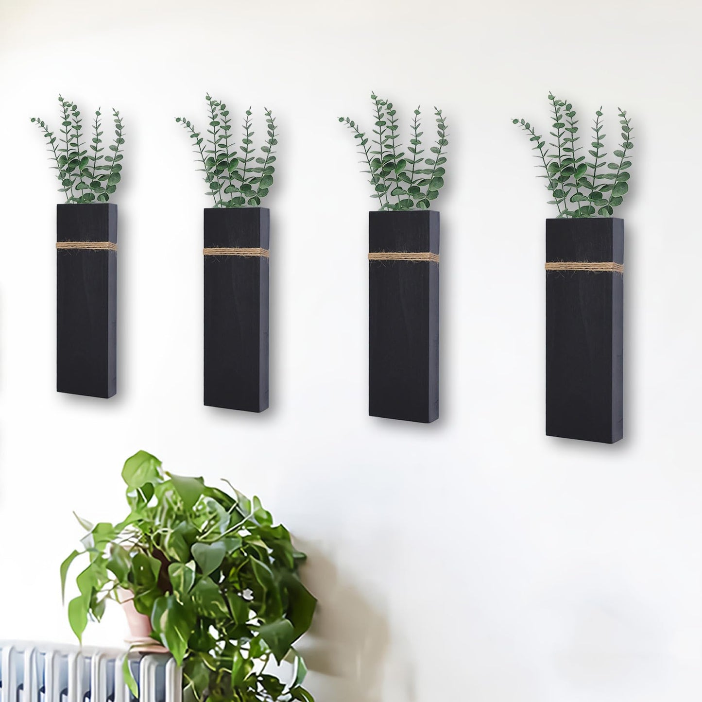 Wall Planters for Indoor Plants - 4 Pack Wood Wall Vases for Dried Flowers & Artificial Plants Modern Farmhouse Wooden Vase for Living Room Bedroom Kitchen Wall Decorations - Black