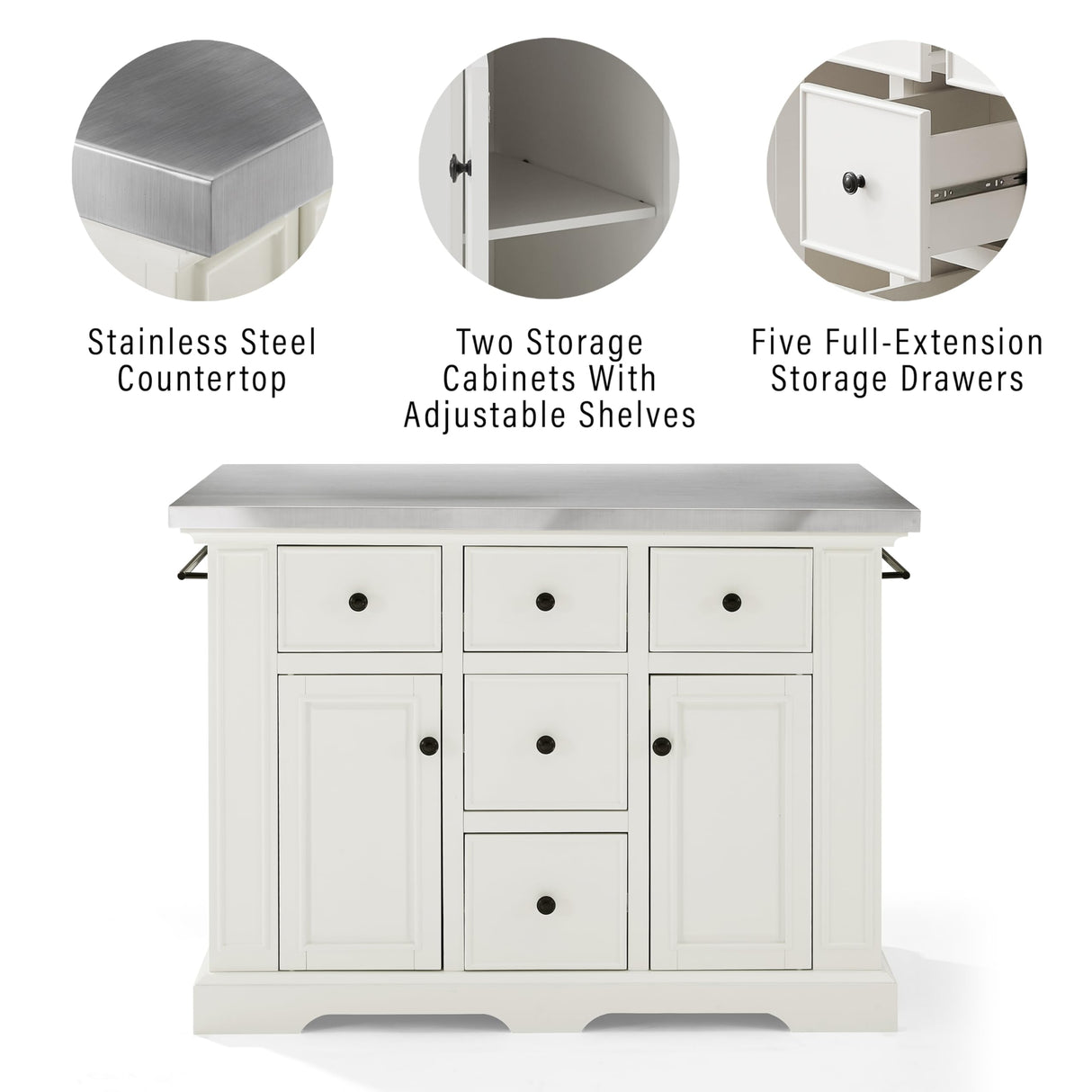 Crosley Furniture Julia Stainless Steel Top Island with Storage, Coffee Bar, and a Set of 2 X-Back Stools, White Crosley Furniture