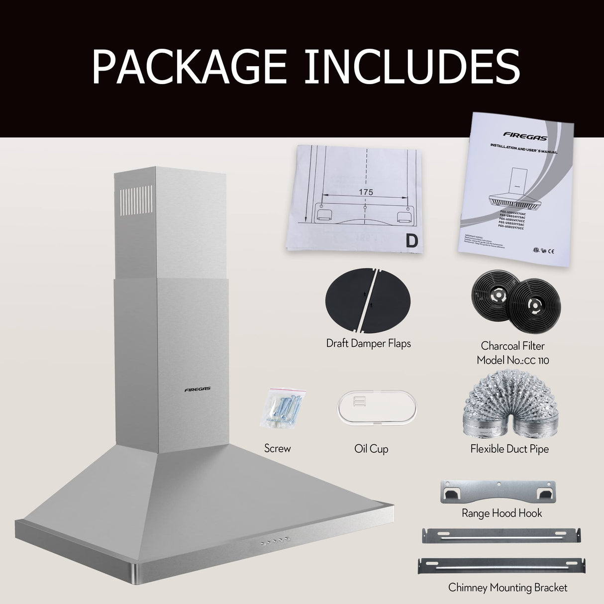 FIREGAS Wall Mount Range Hood 30 inch, 400 CFM Stainless Steel Stove Vent Hood with 3 Speed Exhaust Fan, Ducted/Ductless Convertible Duct kitchen hood, LED Lights, Push Button, Charcoal Filters FIREGAS