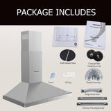 FIREGAS Wall Mount Range Hood 30 inch, 400 CFM Stainless Steel Stove Vent Hood with 3 Speed Exhaust Fan, Ducted/Ductless Convertible Duct kitchen hood, LED Lights, Push Button, Charcoal Filters FIREGAS