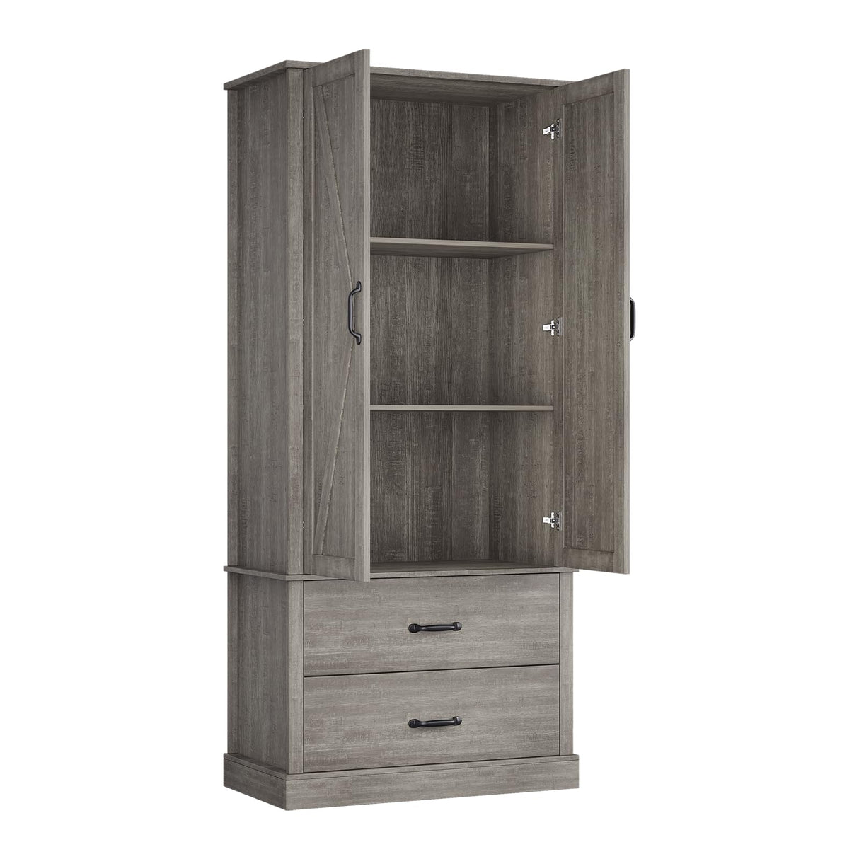 FinerFurnis Kitchen Pantry Storage Cabinet, 65" Tall Food Pantry Cabinet with 3 Storage Shelves and 2 Large Drawers, Farmhouse Kitchen Cupboard for Living Room, Dining Room, Grey FinerFurnis