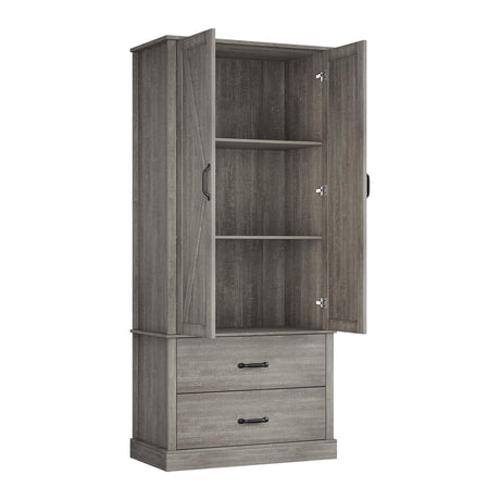 FinerFurnis Kitchen Pantry Storage Cabinet, 65" Tall Food Pantry Cabinet with 3 Storage Shelves and 2 Large Drawers, Farmhouse Kitchen Cupboard for Living Room, Dining Room, Grey FinerFurnis