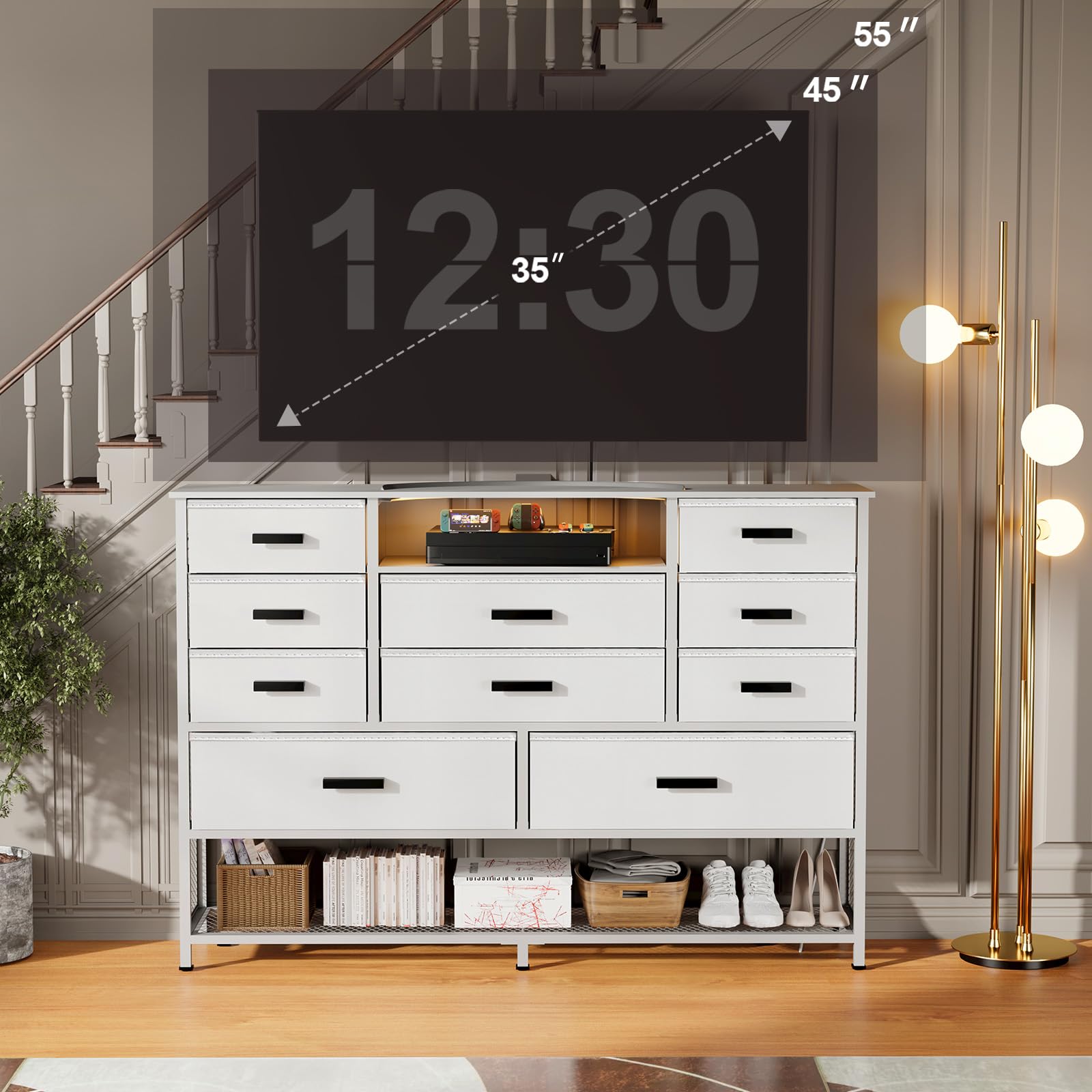 Harpaq White Dresser for Bedroom with 10 Drawers, Dresser with Charging Station, TV Stand Dresser with LED Light for 55" TV, Fabric Drawer Dresser with PU Finish, Dresser with Shelves for Clo - WoodArtSupply