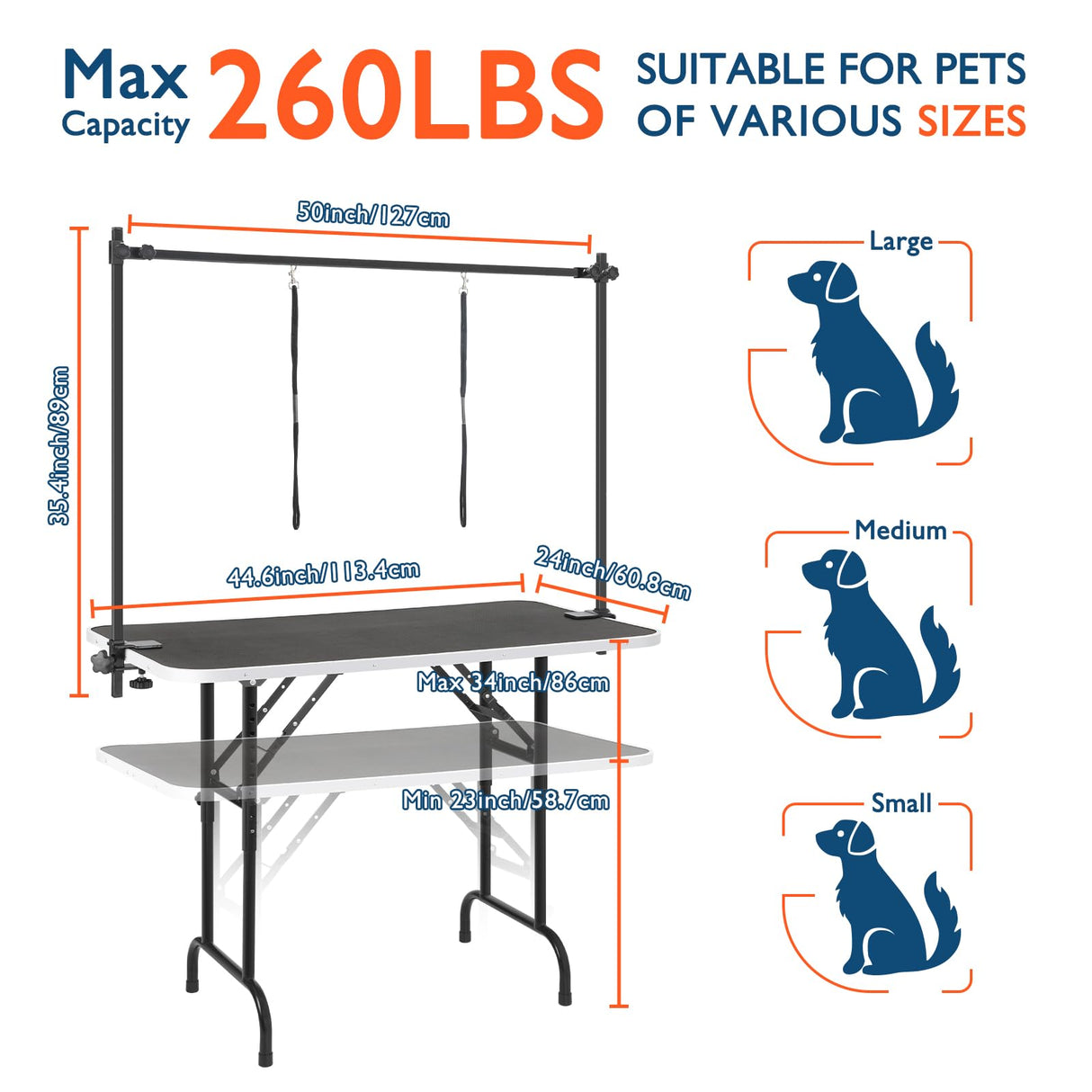 LEIBOU 45'' Height Adjustable(23''~33.8'') and Foldable Pet Dog Grooming Table Heavy Duty Iron Frame with H-Shape Grooming Arm & 3 Noose, Maximum Capacity Up to 260lbs, Black LEIBOU