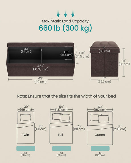 SONGMICS MAZIE Collection - 43 Inches Folding Storage Ottoman Bench, Ottoman Foot Rest, End of Bed Bench, Storage Chest, Load 660 lb, for Living Room, Bedroom, Entryway, Brown ULSF77BR SONGMICS