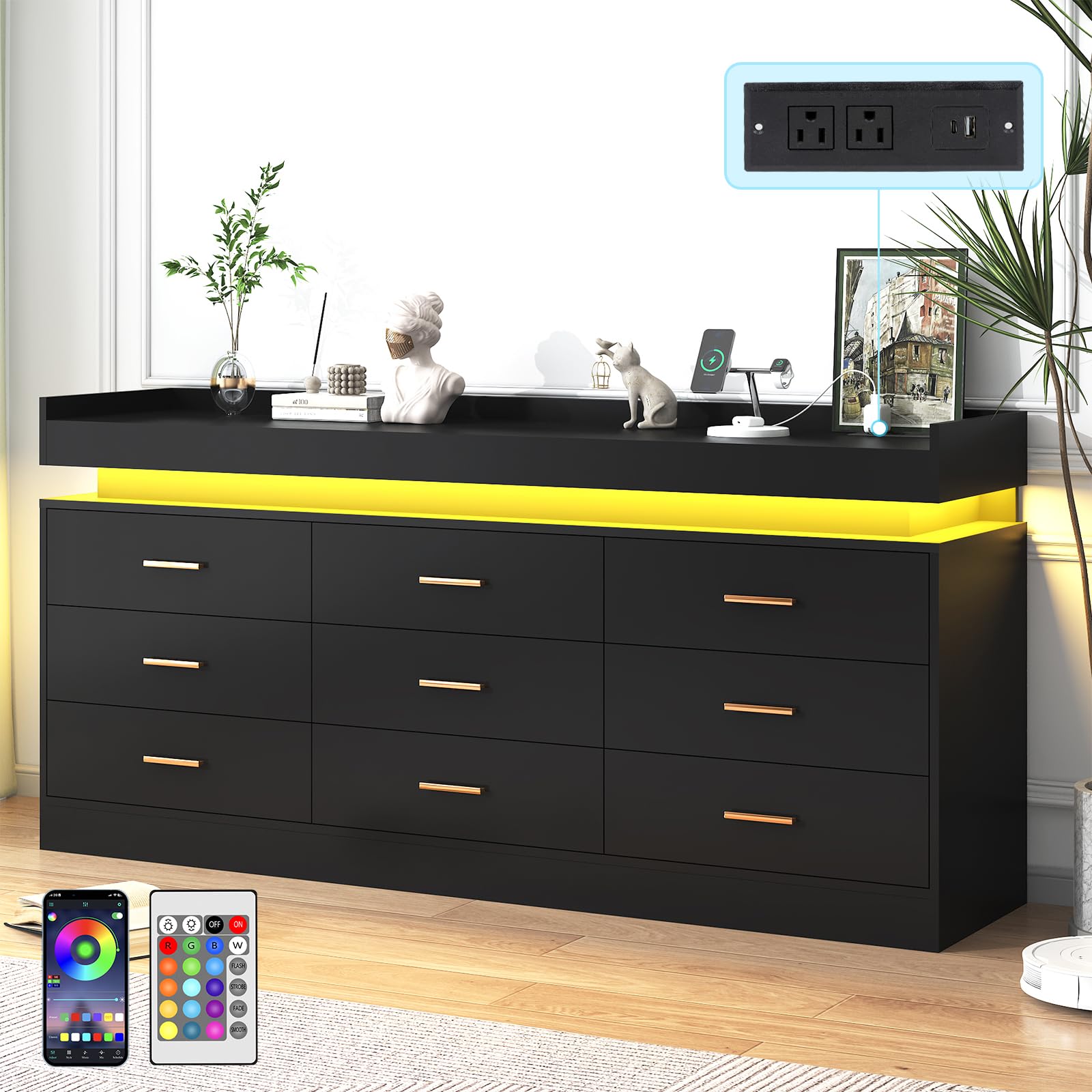 jiteentarou Drawer Dresser with Charging Station and LED Lights, Modern Chest of Drawers with Power Outlet, Organizer Cabinet for Bedroom, Living Room, Entryway(Black) - WoodArtSupply