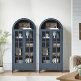 Farmhouse Arched Cabinet with Glass Doors, Wood Display Cabinet with Drawer and Adjustable Shelves, 71” Tall Bookshelf Modern China Storage Kitchen Pantry for Living Room,Office (Navy Blue, 2 PCS) RowyPoey