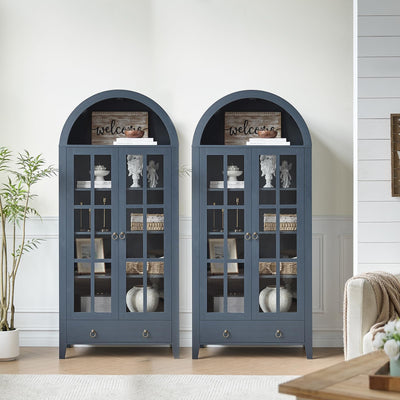 Farmhouse Arched Cabinet with Glass Doors, Wood Display Cabinet with Drawer and Adjustable Shelves, 71” Tall Bookshelf Modern China Storage Kitchen Pantry for Living Room,Office (Navy Blue, 2 PCS)