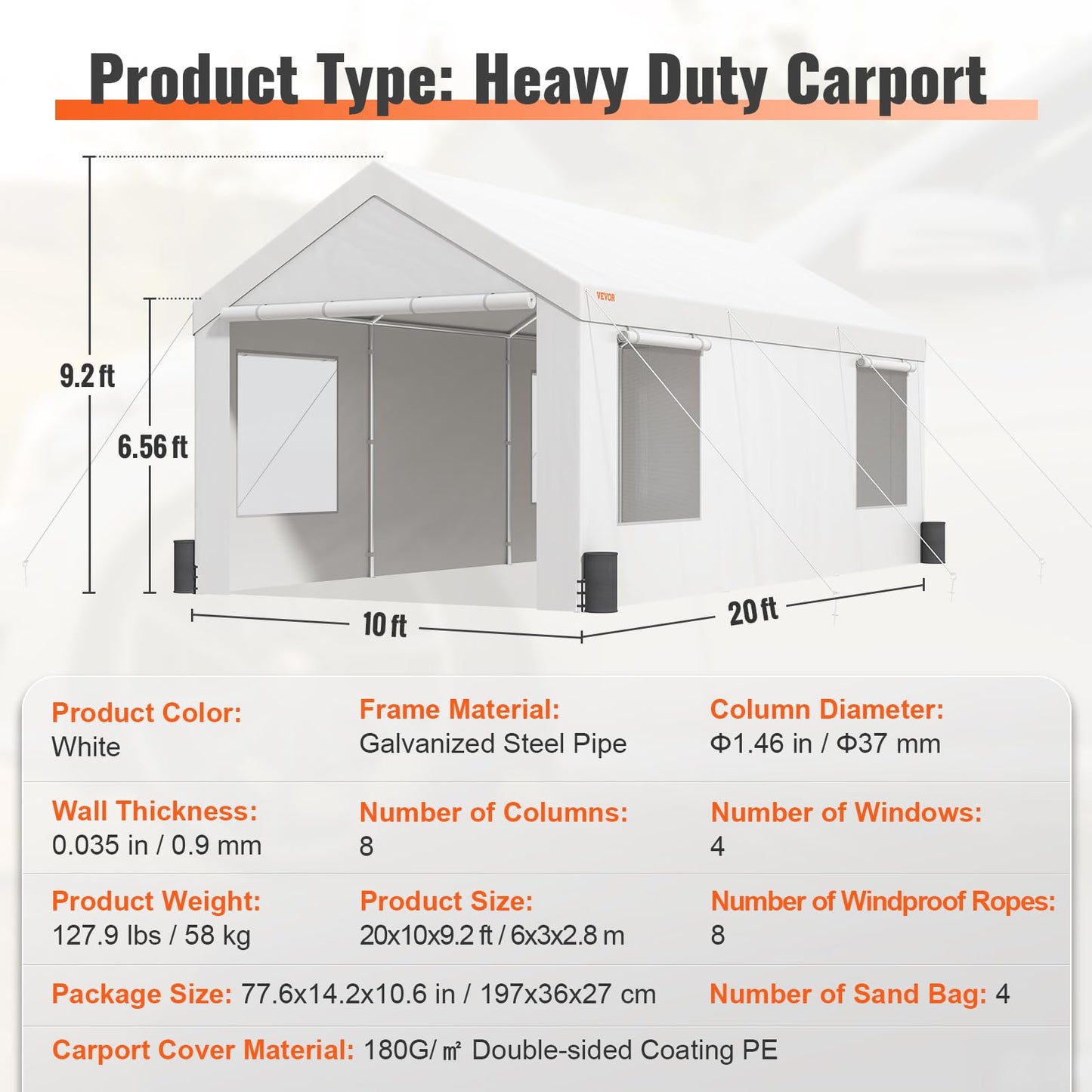 VEVOR Carport, 10x20 ft Heavy Duty Portable Garage with Roll-up Windows, Removable Sidewalls & Doors, UV Resistant Waterproof All-Season Car Canopy for Car, Truck, SUV, Boat, F150