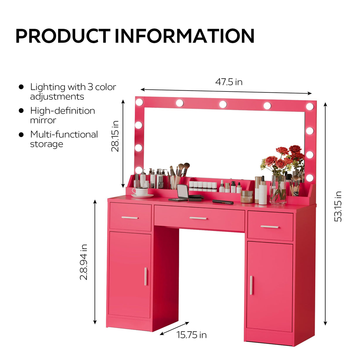 MIRROTOWEL 47.5” Vanity Desk with Large Mirror, 3 Colour Lighting Modes, Adjustable Brightness, Dresser with 3 Drawers & 2 Vertical Cabinets, Makeup Vanity Table for Women Girls Rose Pink MIRROTOWEL