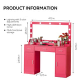 MIRROTOWEL 47.5” Vanity Desk with Large Mirror, 3 Colour Lighting Modes, Adjustable Brightness, Dresser with 3 Drawers & 2 Vertical Cabinets, Makeup Vanity Table for Women Girls Rose Pink MIRROTOWEL