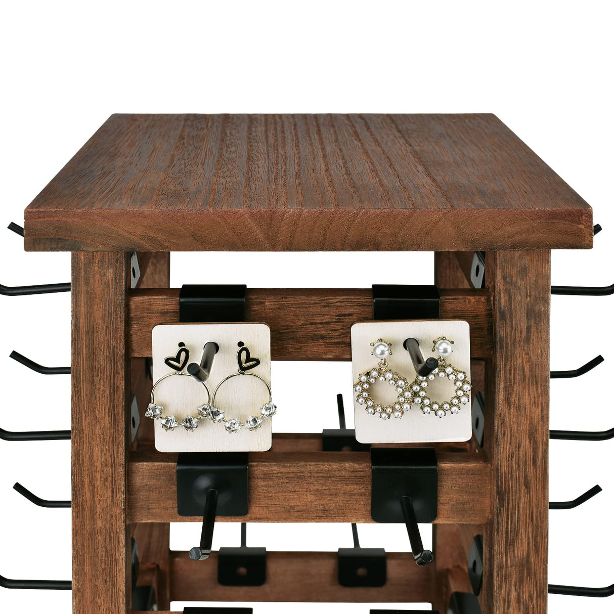 Ikee Design 5 Tiers Easy Assemble Wood Rotating Jewelry Display Tower with 42 Removable Hooks,Spinning Earring Card Storage Display Stand for Store, Showcase, Tradeshow and Home,Brown Color Ikee Design