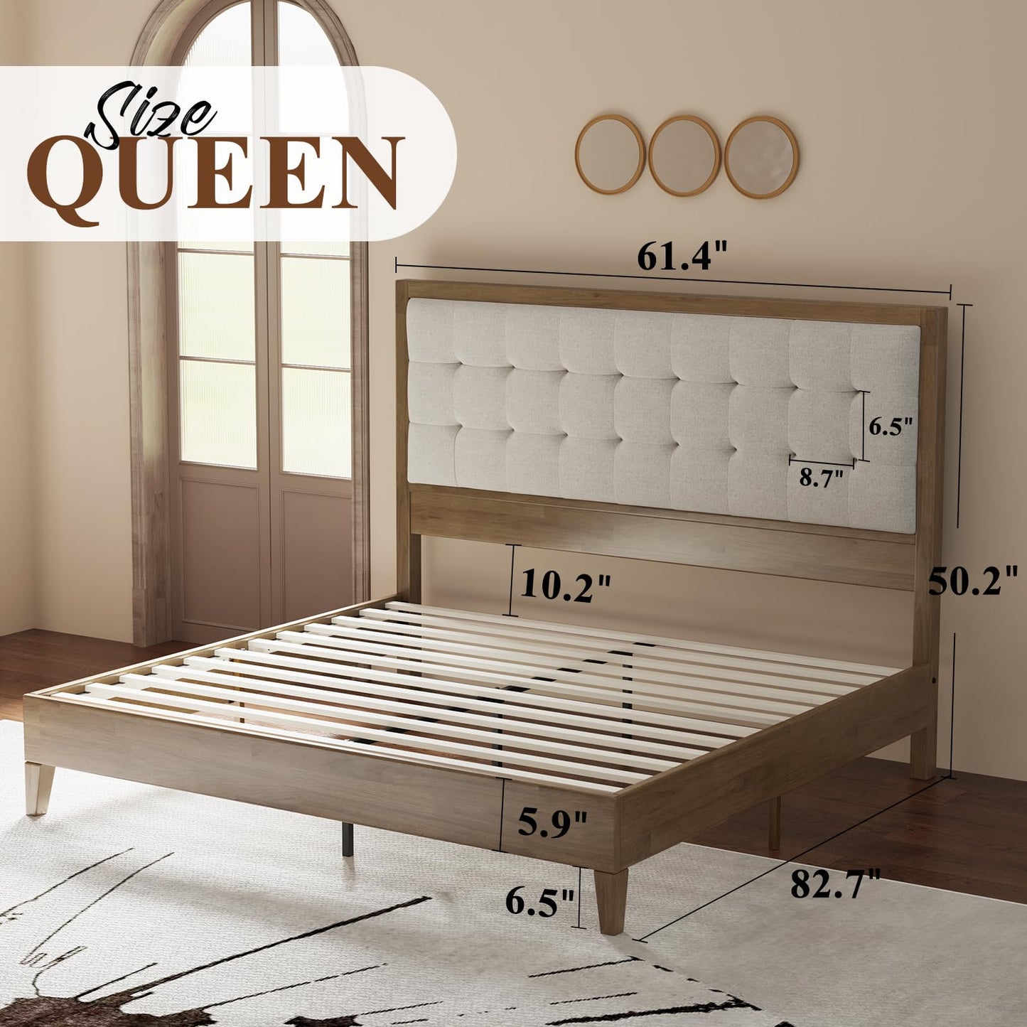 Jocisland Ash Gray Upholstered Queen Size Platform Bed Frame with Tufted Headboard – No Box Spring Needed - WoodArtSupply