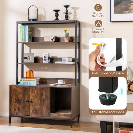 Tangkula Litter Box Enclosure with Shelves, Hidden Cat Washroom Cabinet with Storage, Winding Entry & Scratching Board, Versatile Litter Box Furniture (Rustic Brown) Tangkula