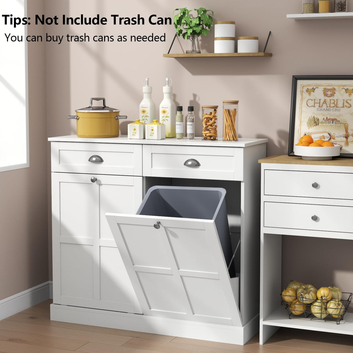 Loomie Double Tilt Out Laundry Hamper Cabinet, Hidden Laundry Cabinet with 2 Drawers & 2 Laundry Storage Baskets, 30 Gallon Trash Can Cabinet, Storage Cabinet for Bathroom, Laundry Room,Kitchen, White Loomie