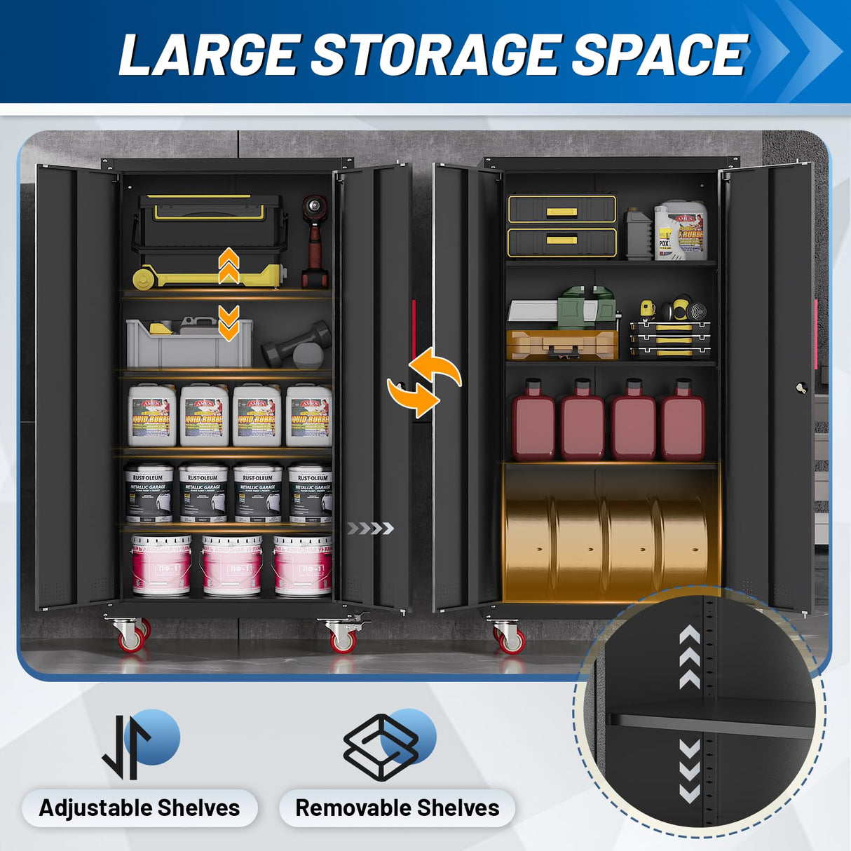 Rumetol Metal Storage Cabinet with Wheels,71" Garage Cabinets with 4 Adjustable Shelves and Lockable Doors,Black Locking Cabinet Suitable for Garages,Home,Office Rumetol