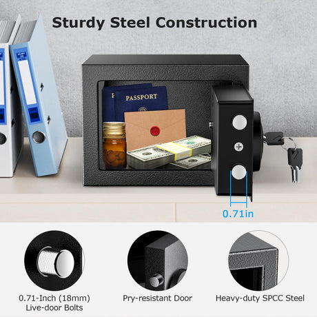 Bonsaii Safe Box with Electronic Keypad, Steel Security Lock Box with Key, 0.23 Cubic Feet, 9.06" W x 6.69" D x 6.69" H, Small Hidden Safe for Cash Jewelry bonsaii