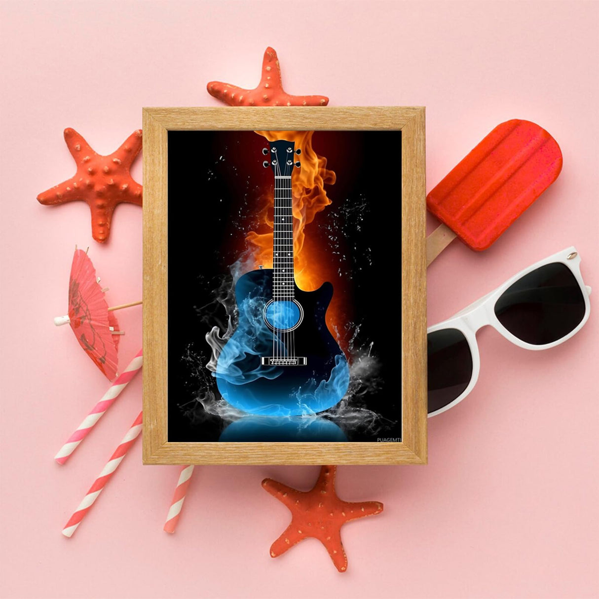 PUAGEMTI Round Full Music Diamond Painting Kits DIY Ice and Fire Guitar Diamonds Art Guitar Crystal Rhinestone Cross Stitch for Home Wall Decor, Diamond Art 12x16 inch PUAGEMTI