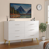 Shintenchi 6 Drawer Dresser, White Double Dresser for Bedroom, Modern Chest of Drawers TV Stand, Wooden Storage Organizer for Living Room, Entryway, White and Gold Dresser Shintenchi