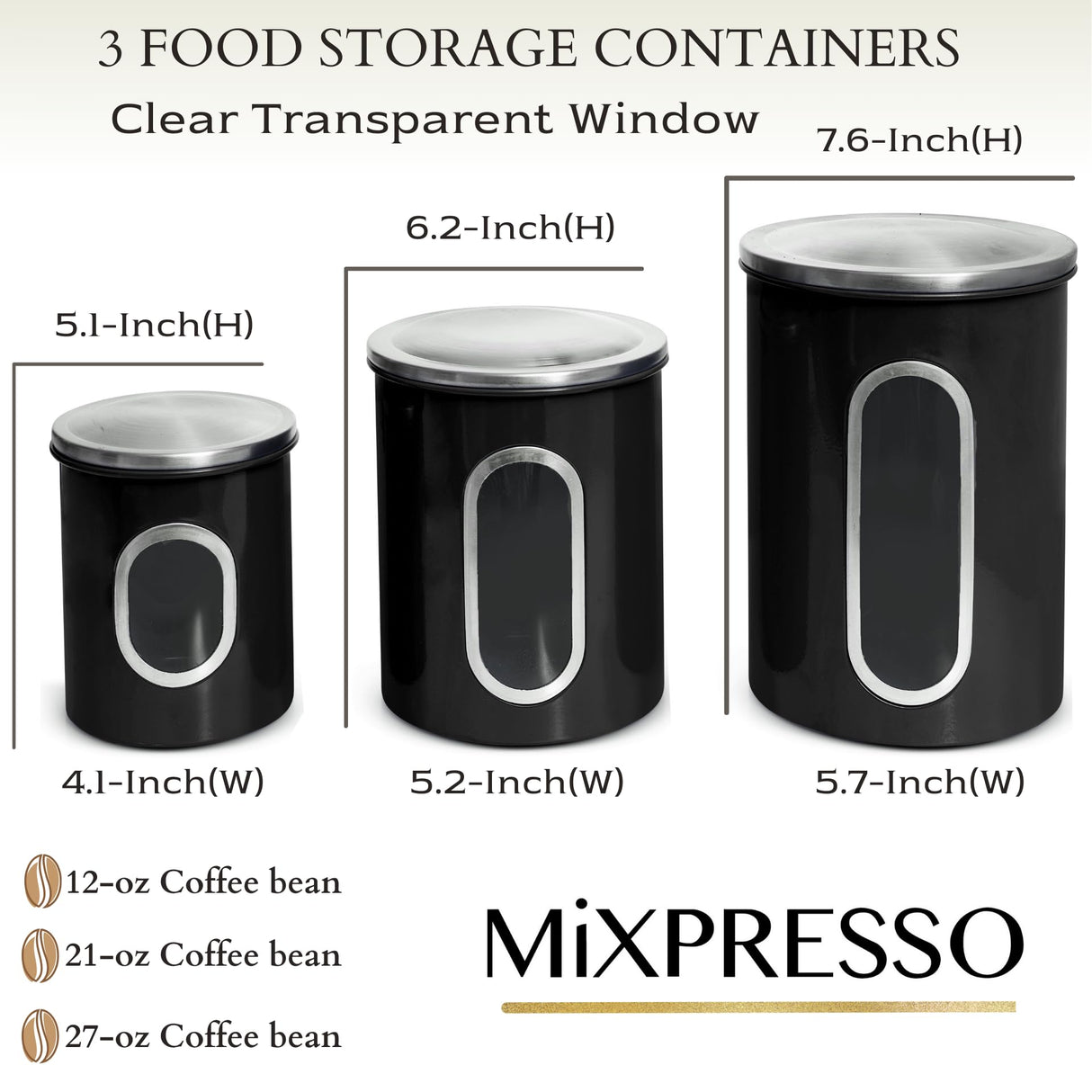 Mixpresso 3 Piece Black Canisters Sets For The Kitchen, Kitchen Jars With See Window, Airtight Coffee Container Tea Organizer & Sugar Canister, Kitchen Canisters Set of 3 Black Kitchen Décor Mixpresso