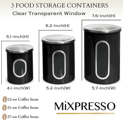 Mixpresso 3 Piece Black Canisters Sets For The Kitchen, Kitchen Jars With See Window, Airtight Coffee Container Tea Organizer & Sugar Canister, Kitchen Canisters Set of 3 Black Kitchen Décor