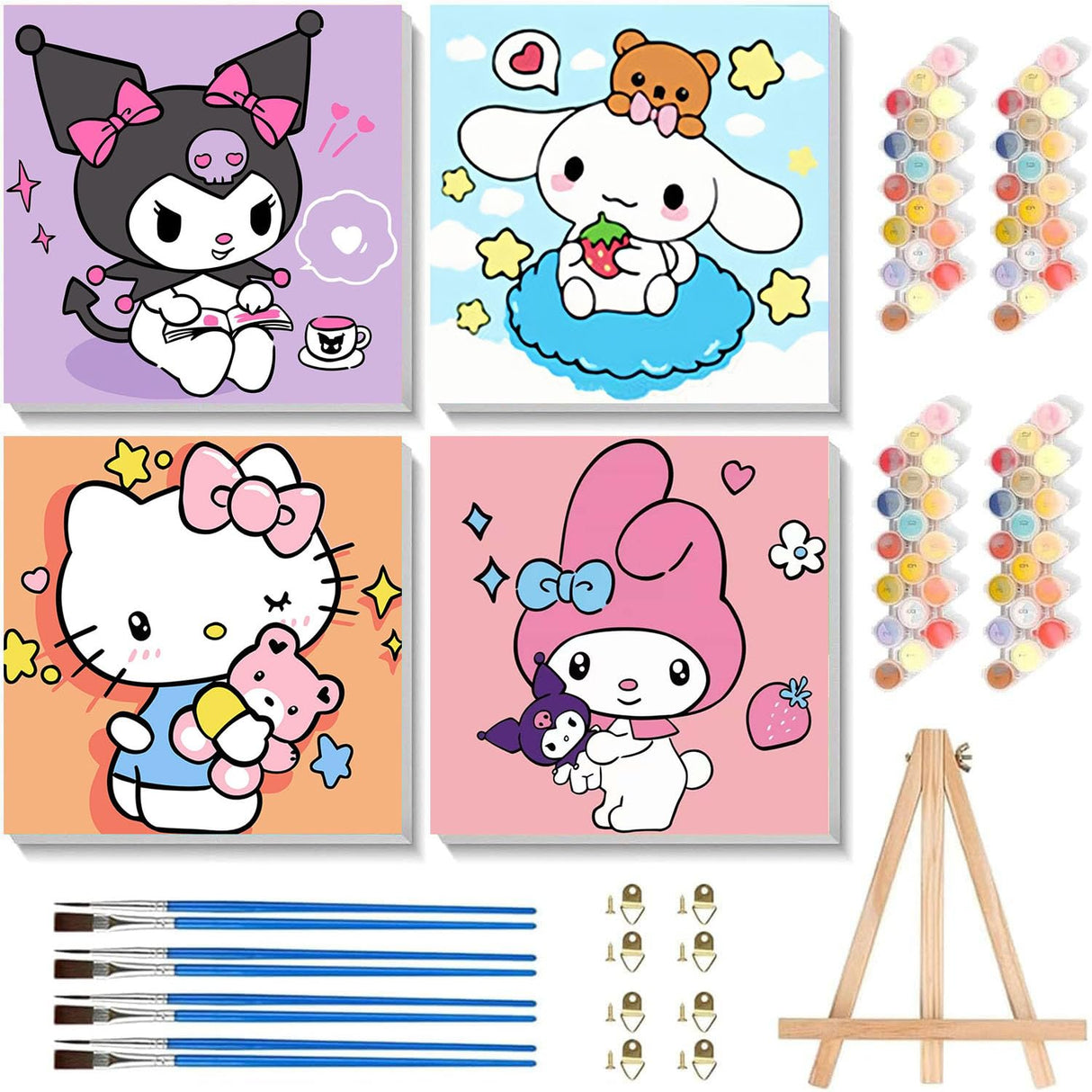 Sretoul 4 Pack Cartoon Paint by Numbers Kit for Kids with Frame - Wooden Easel, Cute Kids Paint by Numbers Ages 4 8 12, DIY Acrylic Oil Painting for Home Wall Decor (8x8 inch) Sretoul