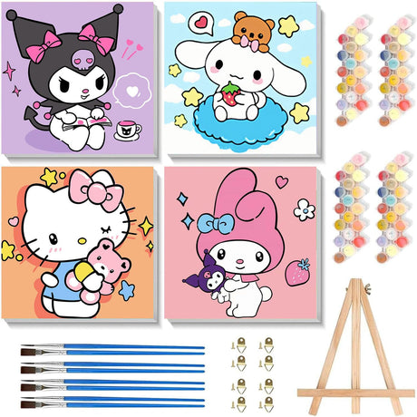 Sretoul 4 Pack Cartoon Paint by Numbers Kit for Kids with Frame - Wooden Easel, Cute Kids Paint by Numbers Ages 4 8 12, DIY Acrylic Oil Painting for Home Wall Decor (8x8 inch) Sretoul