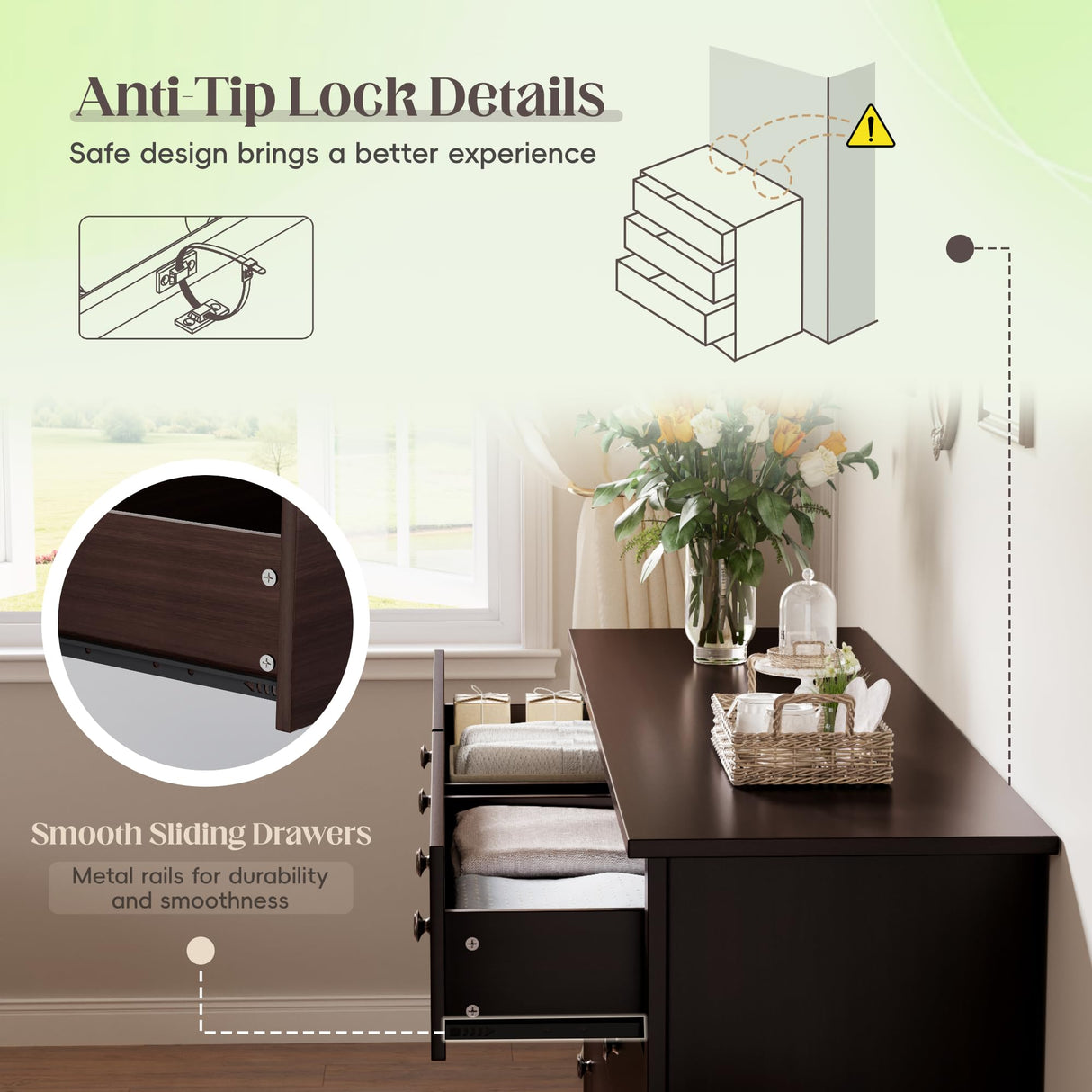 JUMMICO Dresser for Bedroom, 6 Wood Dresser Drawers, Wide Chest of Drawers, Storage Tower Unit, Modern Design for Bedroom, Living Room, Hallway, Entryway (Dark Brown) JUMMICO