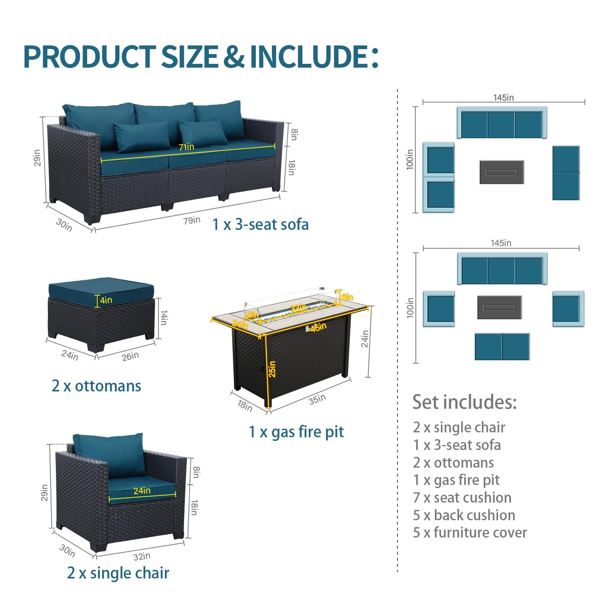 Outdoor Patio Furniture 60000 BTU Outdoor Propane Fire Pit Table Patio Furniture Set 45 In Outdoor Fire Pits 6 Pieces Patio Sofa Outdoor Chairs Anti-slip Cushions Waterproof Covers, Peacock Blue Rattaner