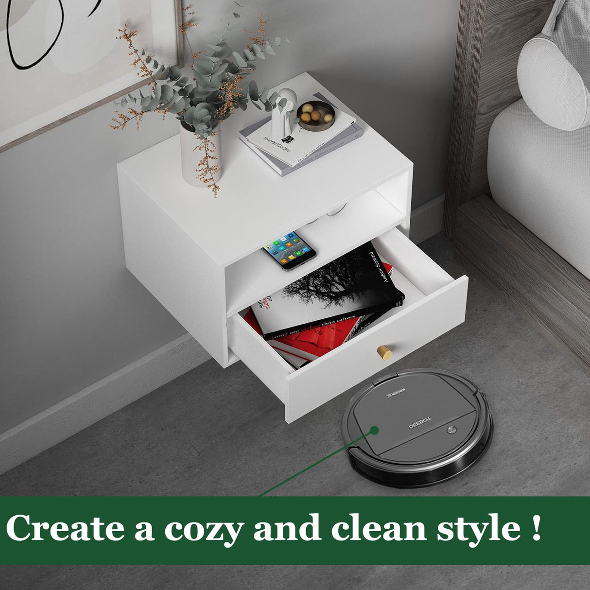 RANK Floating Nightstand Modern White Nightstands Side Table Wall Mounted Shelf with Drawer Storage for Living Room, Bedroom RANK