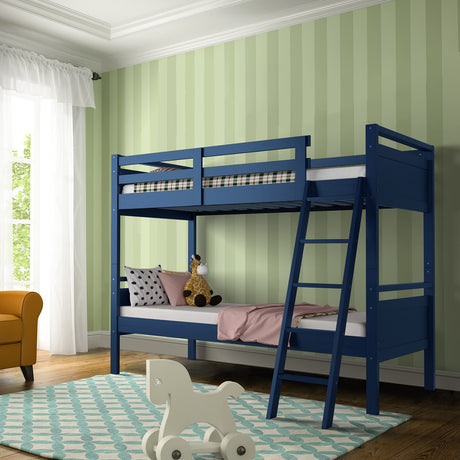 Giantex Twin Over Twin Bunk Bed, Solid Wood Twin Bunk Bed Convertible Into Two Individual Beds, Kids Twin Bunk Bed w/Ladder & Guard Rail for Boys Girls (Navy) Giantex