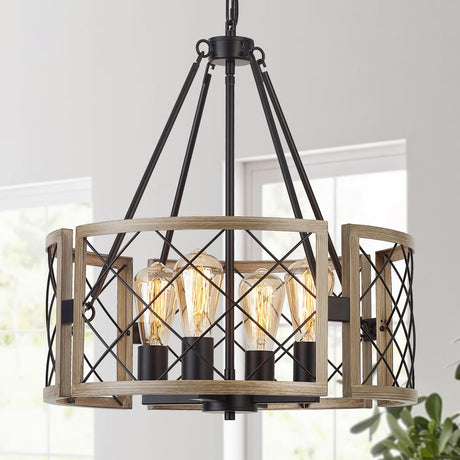 SANTOSTOCK Modern Farmhouse Chandelier, Rustic 4-Light Dining Room Chandelier Light Fixture Kitchen Island Light, Adjustable Hanging Light for Bedroom Entryway Foyer Living Room, Grey Wood SANTOSTOCK