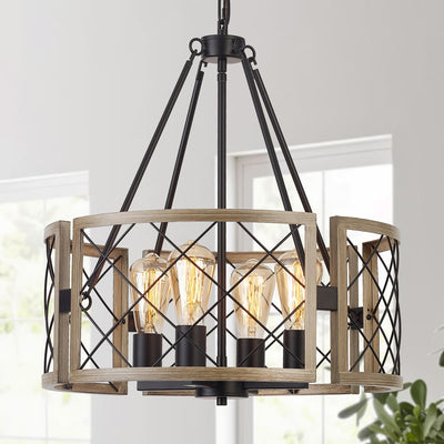 SANTOSTOCK Modern Farmhouse Chandelier, Rustic 4-Light Dining Room Chandelier Light Fixture Kitchen Island Light, Adjustable Hanging Light for Bedroom Entryway Foyer Living Room, Grey Wood