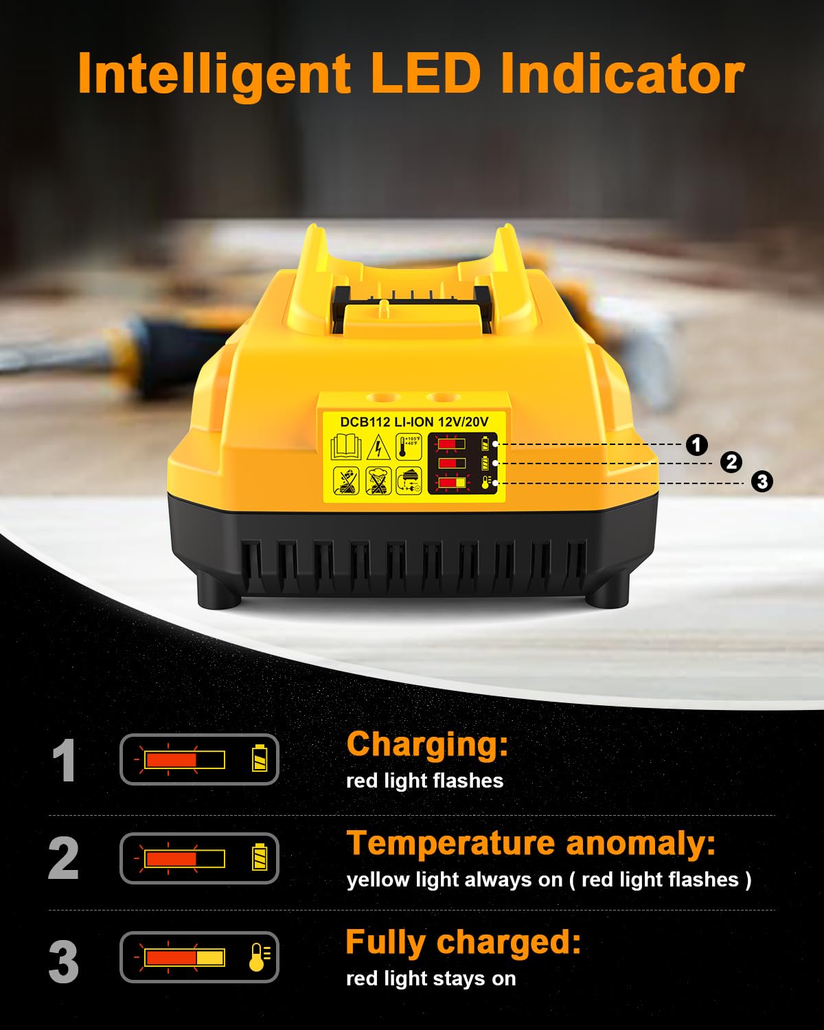 DCB112 Charger Replacement for Dewalt Battery Charger Compatible with Dewalt 12V 20V Max Lithium Battery DCB201 DCB204 DCB205 DCB206 DCB120 DCB127 DCB112 DCB115 DCB118 DCB107 DCB105 DCB102(Ye - WoodArtSupply