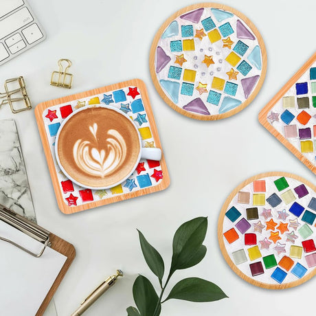 Adboros 10 Sets DIY Glass Mosaic Tiles for Crafts Mixed Color Mosaic Kits with Wooden Coaster for Adults Bamboo Coaster for Drinks Tray Handmade Home Decoration Adboros