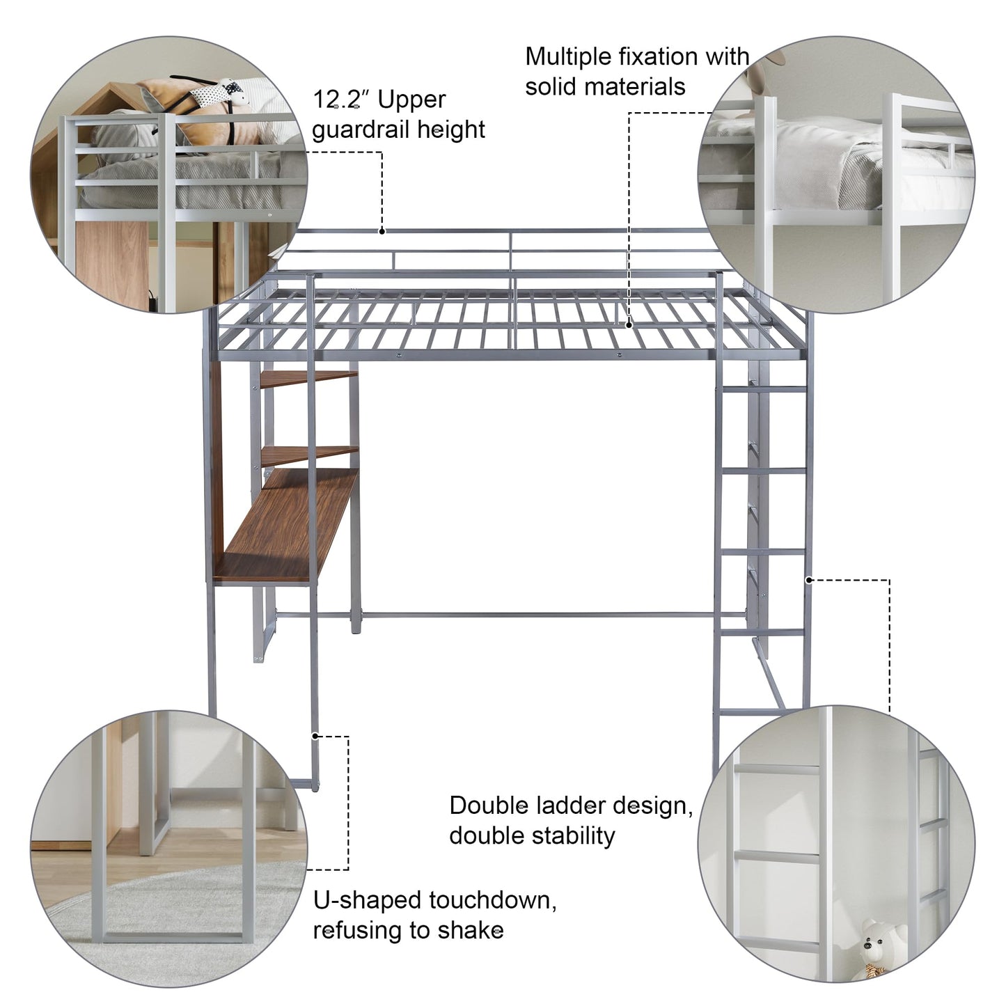 Merax Silver Full Loft Bed with Built-in Desk and Shelves for Efficient Space Utilisation - WoodArtSupply