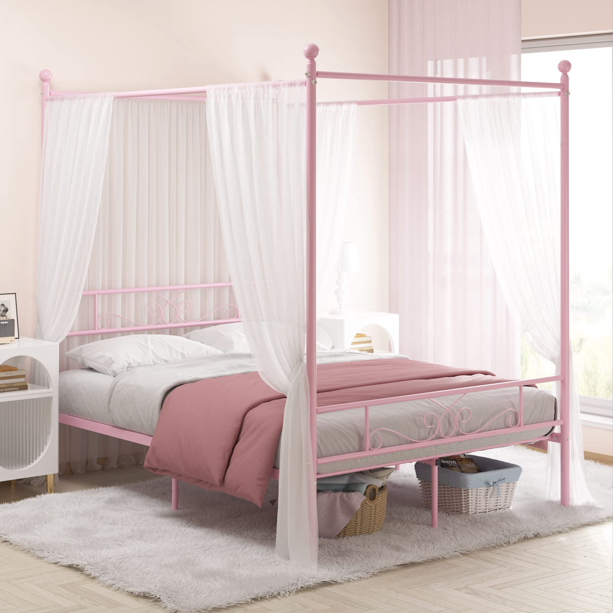 Weehom Full Canopy Bed Frame with Headboard and Footboard, 4 Posters Metal Bed Frame, No Box Spring Needed, Mattress Foundation Platform Bed for Kids and Adults, Pink Weehom