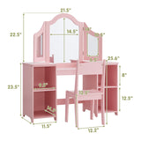 Kovhzcu 2 in 1 Kids Vanity Set, Princess Makeup Vanity Storage Cabinet with Detachable Top, Girls Vanity Set with Tri-fold Mirror, Kids Vanity Set with Mirror Age 3-9 (Pink with Chair) Kovhzcu