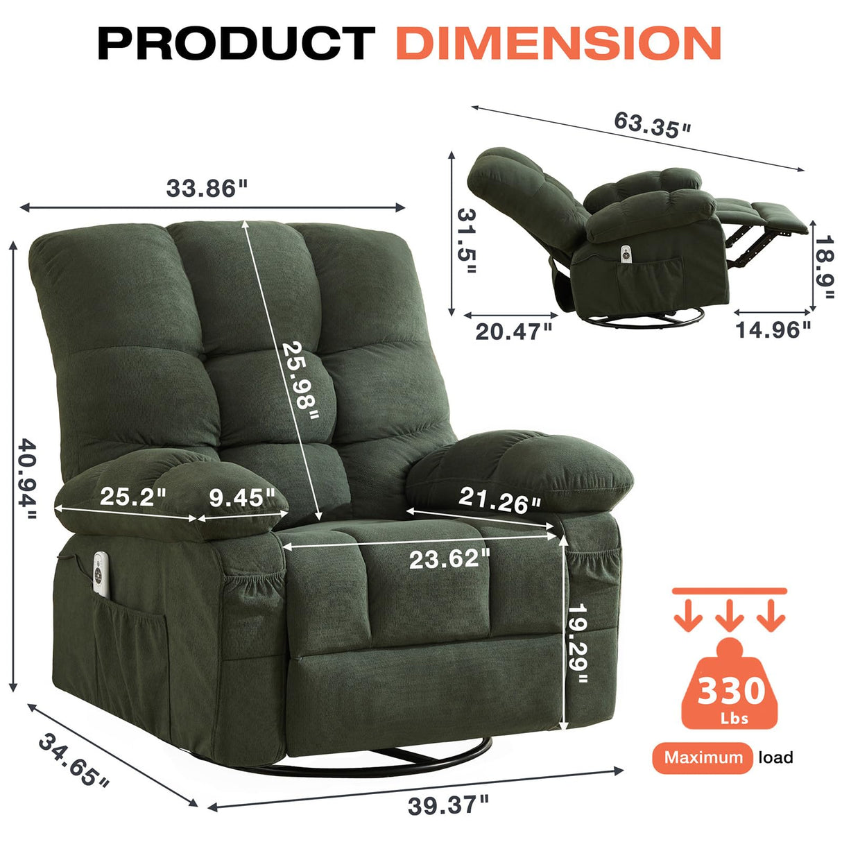Oversized Recliner Chair & Massage Chair Recliner with Heat,Cozy Lazy Boy Recliners Chairs for Adults, Rocker Recliners Chairs&Manual Reclining with Adjustable Backrest,Pockets (Green) HRVEOCEI