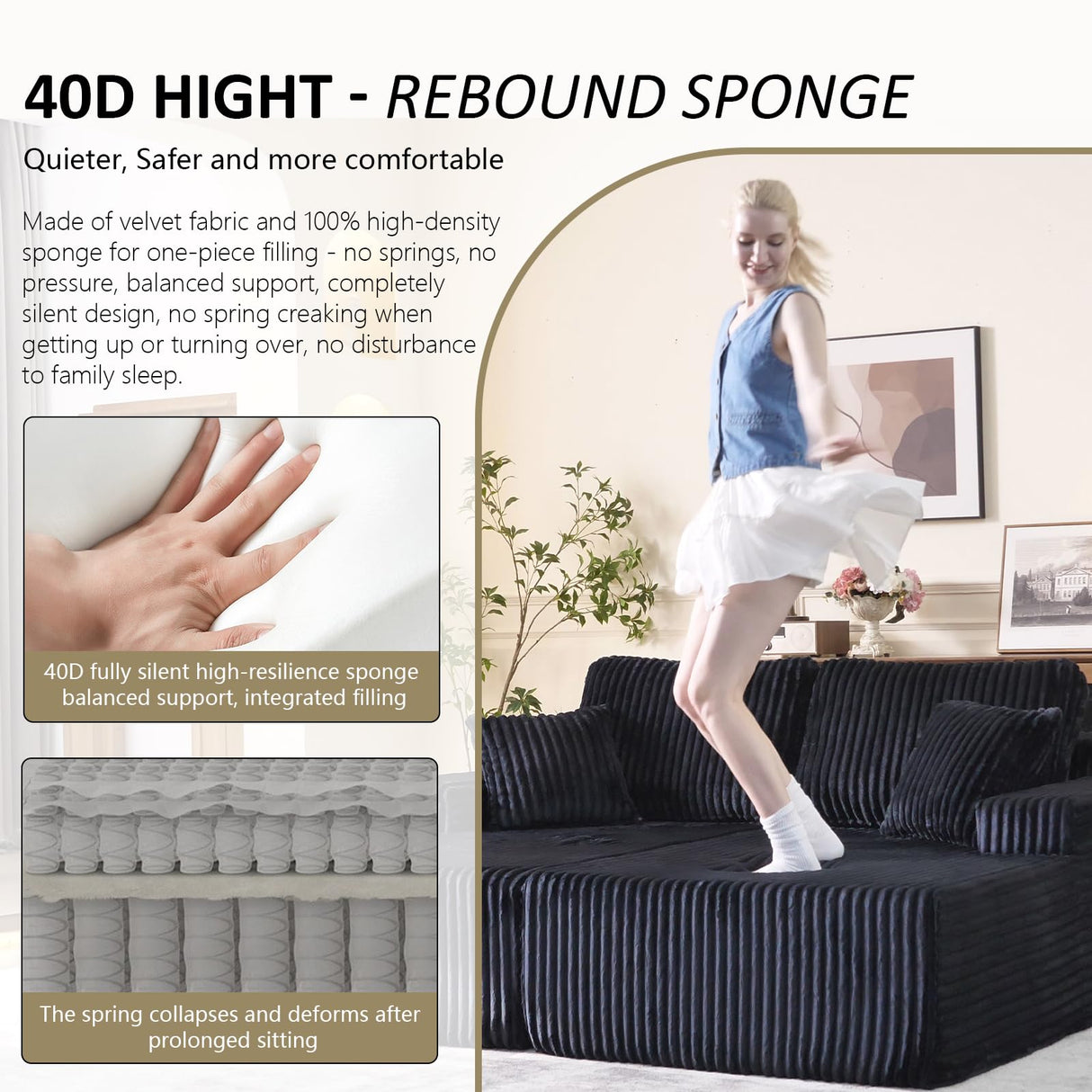 Oversized 79” Double Chaise Lounge Sofa Bed, Deep Seat Corduroy Cloud Loveseat Chair, No Assembly, Plush Upholstered Sleeper for Living Room or Bedroom (Black) WHGBJA